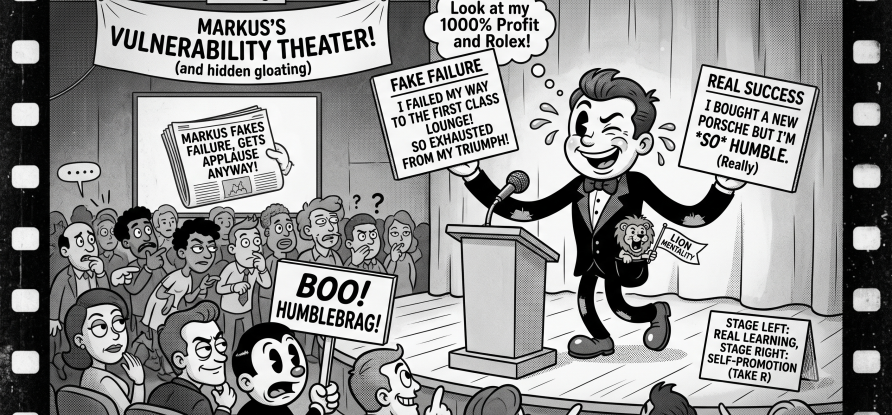 Comic zur Rhetorik des Scheiterns & Humblebragging von Keynote-Speakerin Birgit Schürmann: Ein Redner inszeniert auf einer Bühne scheinbaren Misserfolg zur Selbstdarstellung, während das Publikum im Saal skeptisch reagiert.